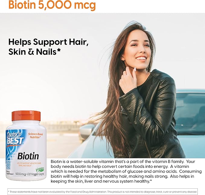Doctor's Best Biotin Supports Hair, Skin, Nails, Boost Energy, Nervous System, Non-GMO, Vegan, Gluten Free, 120 Count
