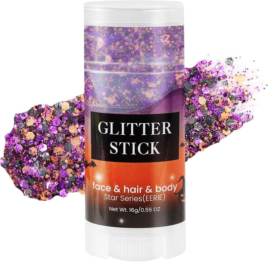 Mysense Halloween Body Glitter Stick, Black Purple and Orange Face Hair Glitter for Kids Women, Festival Rave Pride Accessories, Sparkling Chunky Glitter Makeup, 0.56oz
