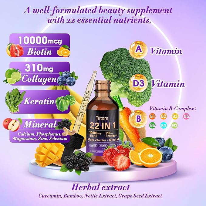 Liquid Collagen, Biotin & Hyaluronic Acid – Hair Growth Vitamins and Mineral Supplements for Women and Men Supports Hair, Skin & Nails | Vitamin B Complex-60ML