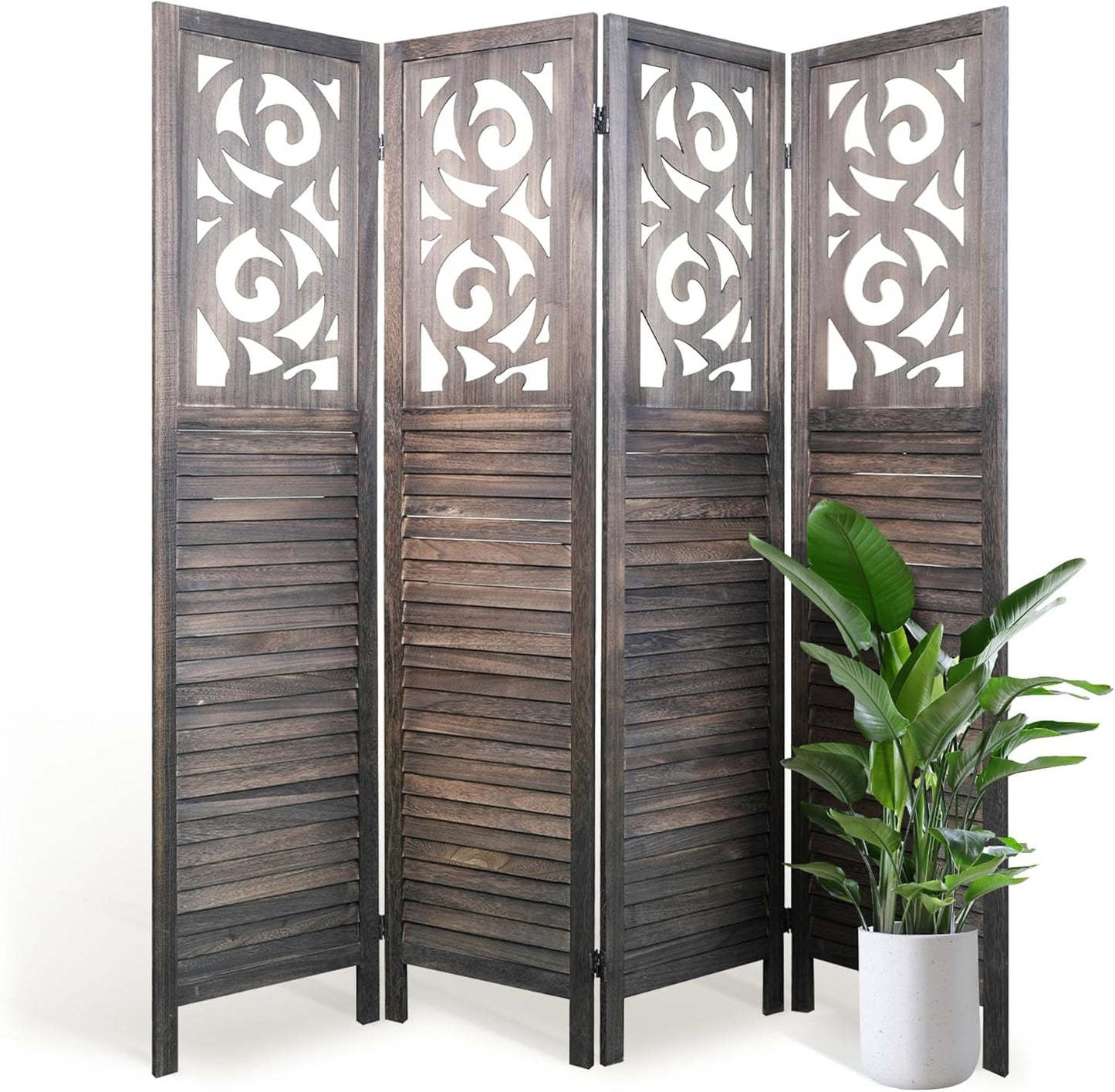 4 Panel Room Divider 5.6FT Wood Carved Room Dividers, Folding Privacy Screens Portable Freestanding Partition Wall Dividers for Bedroom, Office, Rustic Brown