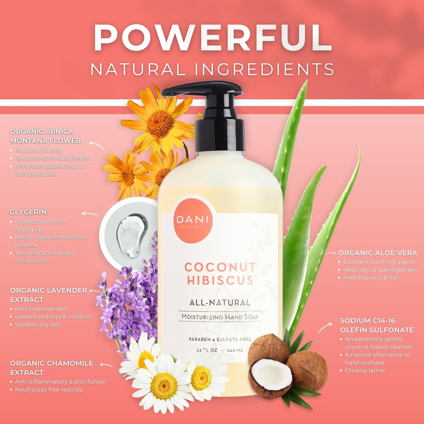 DANI Naturals Moisturizing Hand Soap – Coconut Hibiscus Scent, Hydrating, Sulfate-Free & Paraben-Free, 12 Oz Bottle with Pump, Gentle Cleansing for Dry Skin