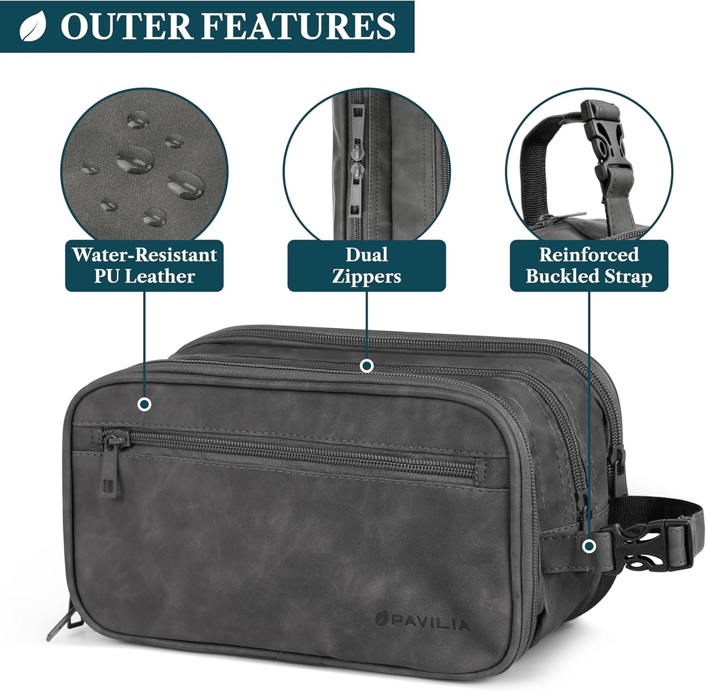 PAVILIA Toiletry Bag for Men, Travel Pouch Essentials Shaving Dopp Kit, Travel Bag Toiletries Organizer Case, Cosmetic Make Up Accessory, Water Resistant