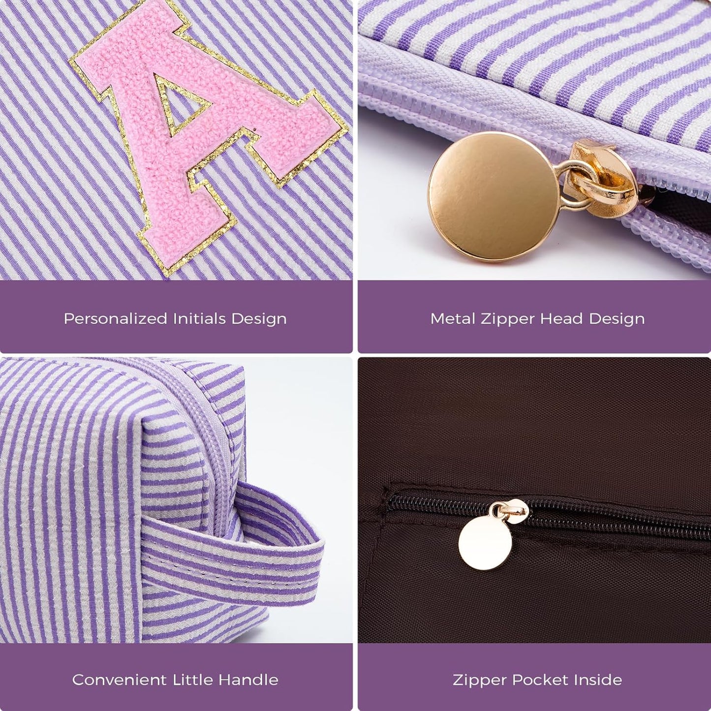 Makeup Bag Set Initials Cosmetic Bag,Birthday Graduation Gifts for 10 11 12 13 14 15 16 17 18 Years Old Girl Girlfriend Teen Girls Gift Trendy Stuff Toiletry Bag Travel - Lavender,A