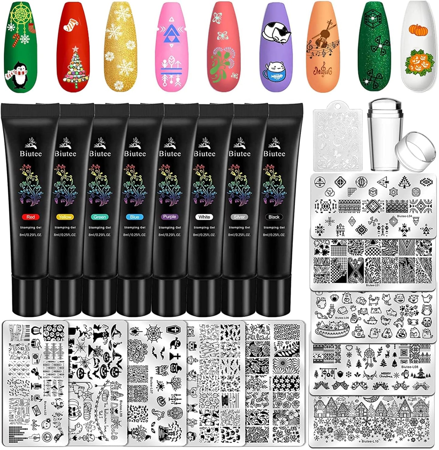 Biutee Nail Stamping Plates set 8 pcs Nail stamping polish gel 10pcs Templates with stamper Nail Art Plates set Valentine Nail Plates animal flower Rose design