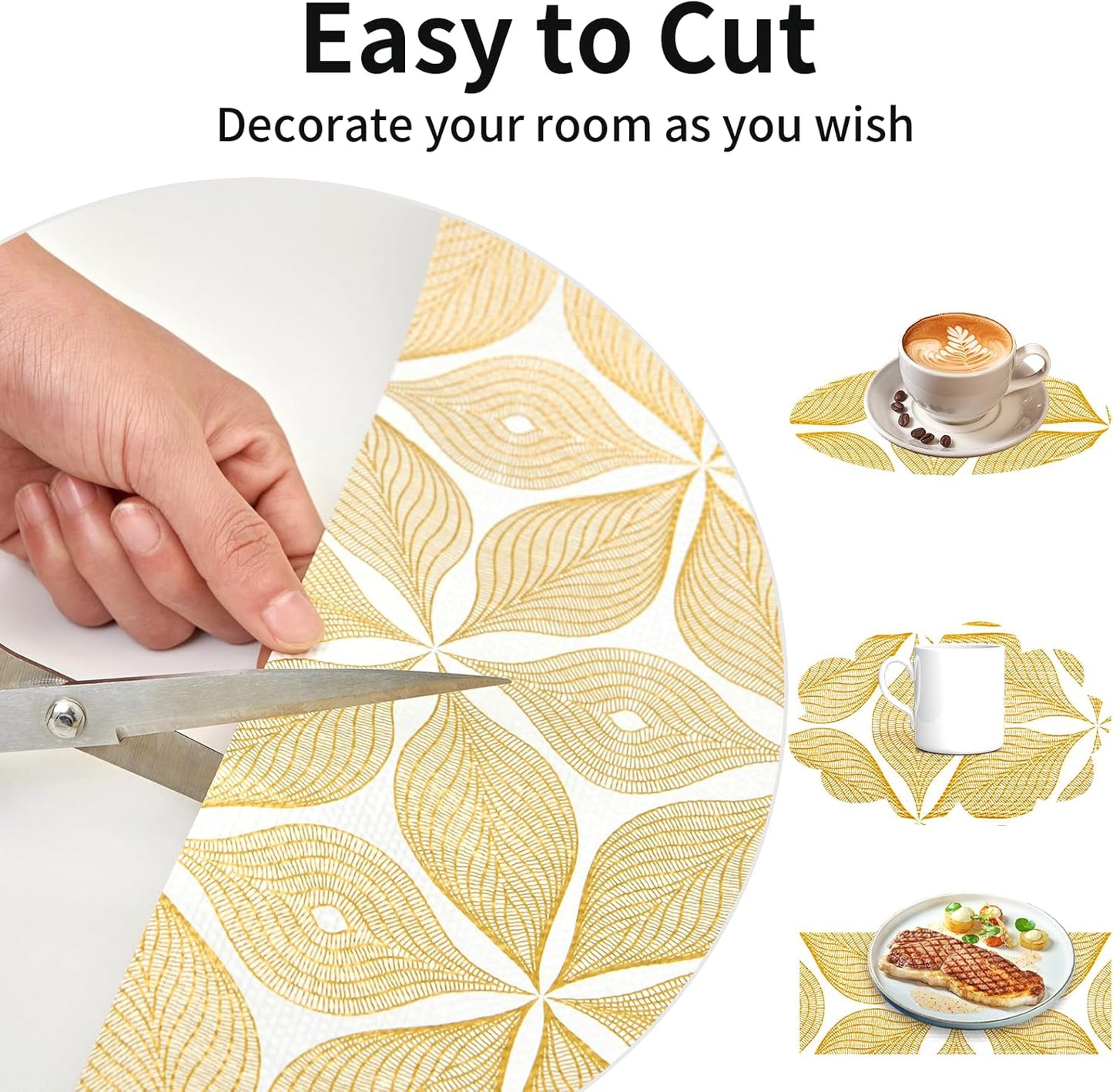 Shelf Liners for Kitchen Cabinets 12in x 30FT, Non Adhesive Cabinet Liner Strong Non-Slip Golden Leaf Drawer Liner, Easy to Clean for Shelf, Cabinet with Knife and Tape Measure