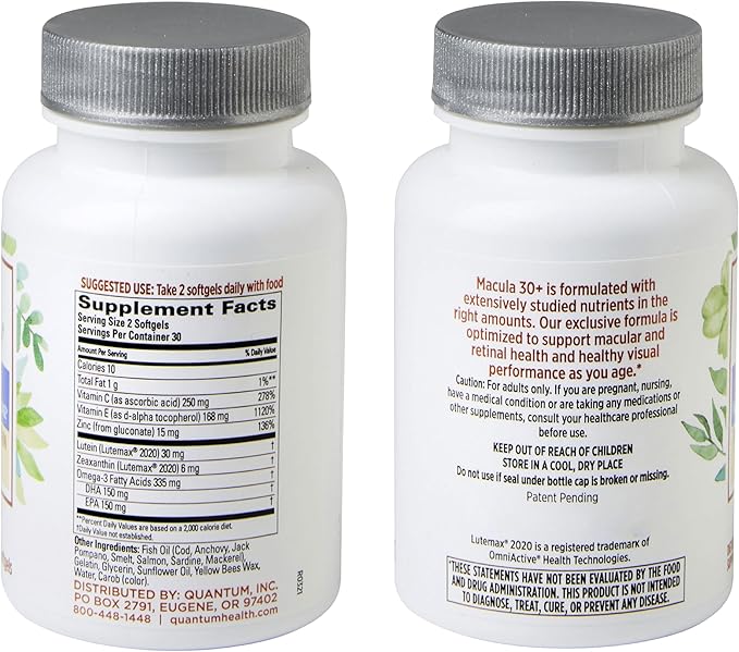 Quantum Health Macula 30+ Eye Health Omega-3, and E|60 Softgels, 30 Day