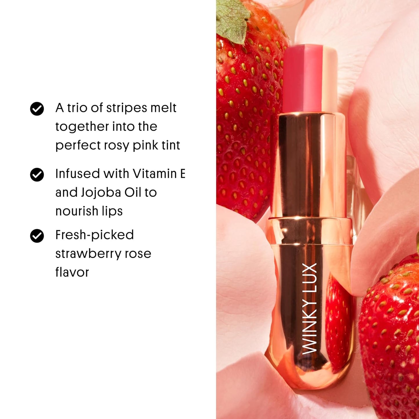 Winky Lux Strawberry Rose Tri-Color Tinted Lip Balm – Hydrating Lip Balm, Sheer Pink Tint, Lip Care with Jojoba Oil & Vitamin E, Moisturizes & Softens Dry Lips, Buttery Soft with Strawberry Rose Scent