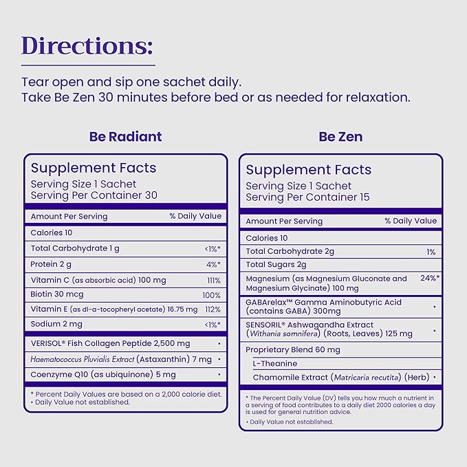 BeMe BeRadiant Peach & BeZen Bundle - Liquid Collagen & Magnesium Glycinate L-Theanine Supplements