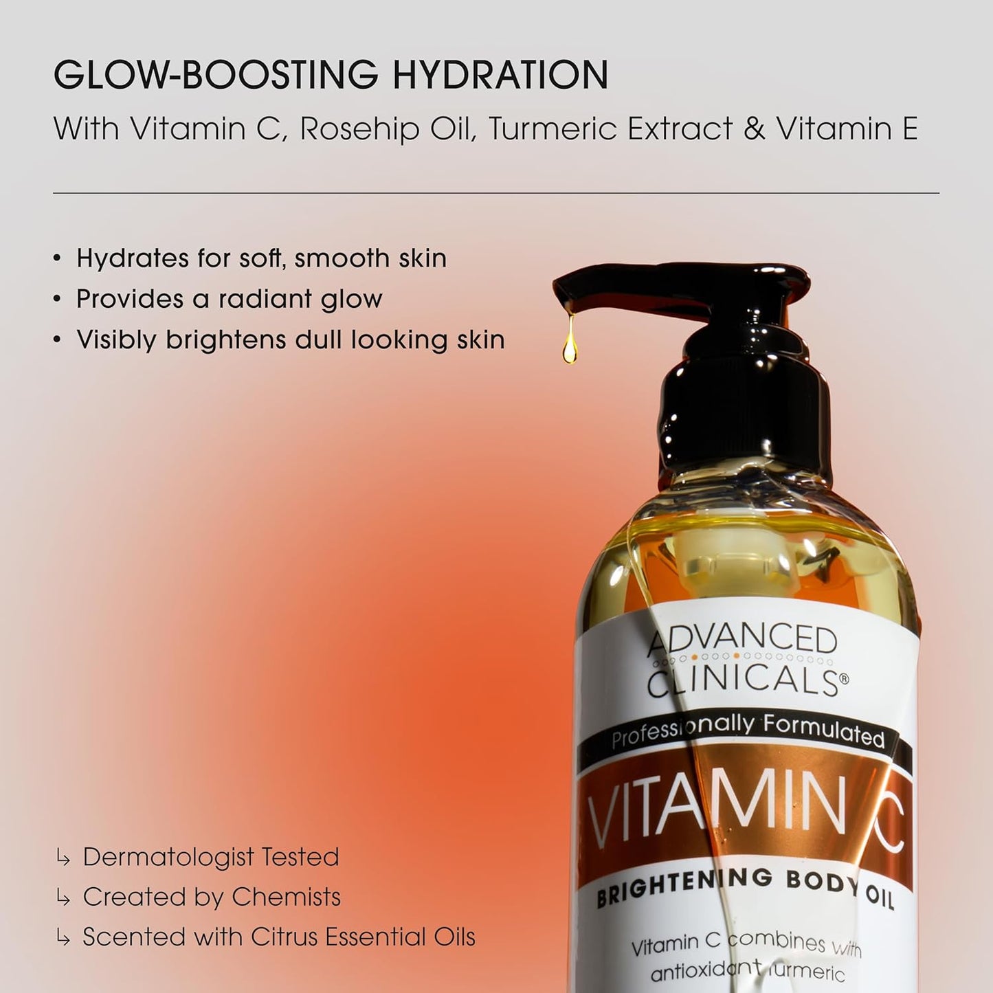 Advanced Clinicals Vitamin C Brightening Body Oil For Women & Men | Vitamin C Glow Oil Skin Care Body Moisturizer With Vitamin E + Botanicals To Help Improve Look Of Dark Spots + Dry Skin, 12 Fl Oz