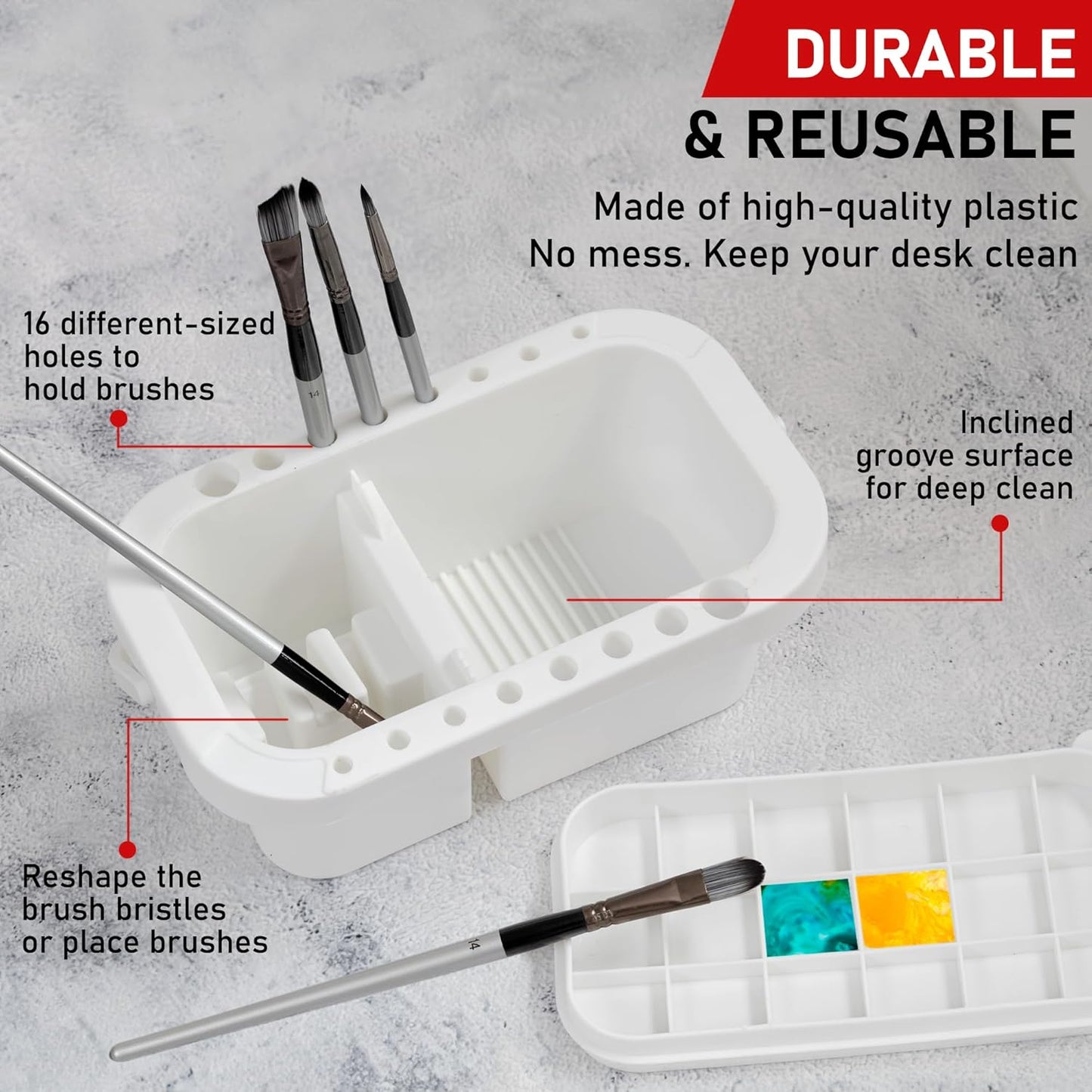 DUGATO 3-in-1 Paint Brush Cleaner Washer, Holder & Palette - Keep Brushes Clean & Organized - Artists Art Cleaning Basin with Lid & 2 Art Sponges for Acrylic, Watercolor, Oil Painting (White)