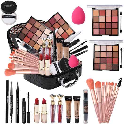 Makeup Kit for Teen Girls, All-in-One Kit with 2X16 Colors Eyeshadow, Liquid Foundation, Eyeliner Pencils, Contouring Stick, Lip Gloss, Eyebrow Pencils & 8 Makeup Brushes (Black)