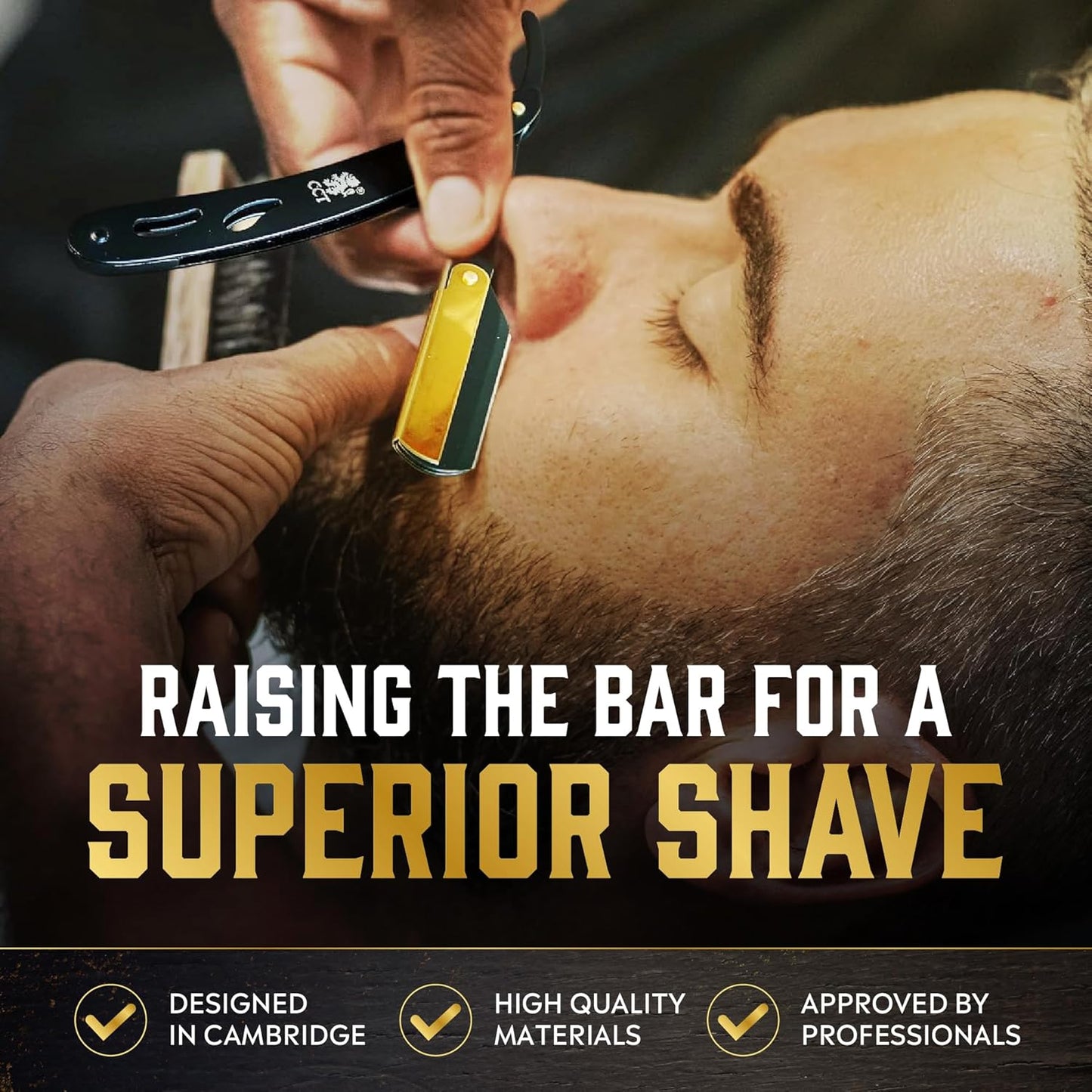 The Cambridge Cutthroat® Cut Throat Razor Kit with Blades & Travel Pouch - Black & Gold Stainless Steel Professional Barber Shaver Men - Straight Edge Moustache & Beard Shaper