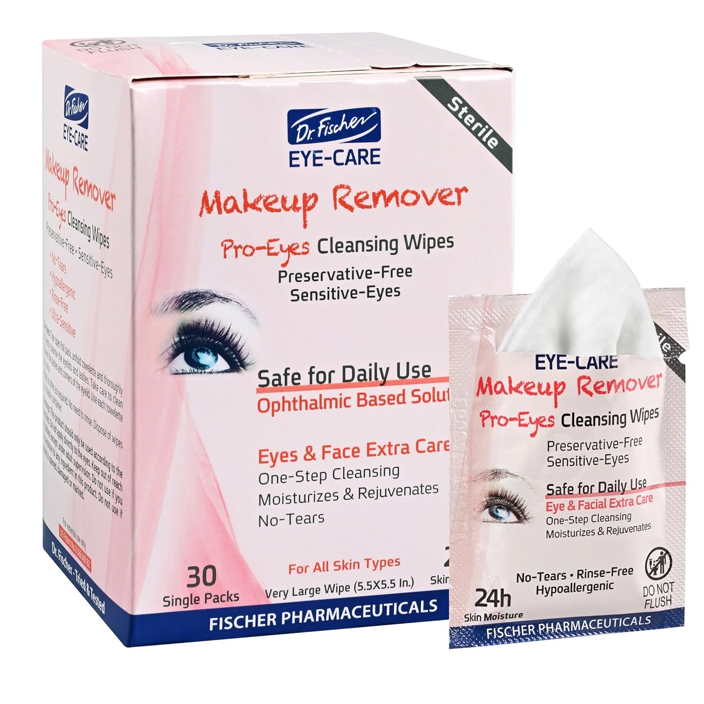 Dr. FIscher Makeup Remover Wipes - Sensitive Skin Formula, Individually Sealed, No Rinse, Eyes and Face Safe (30)