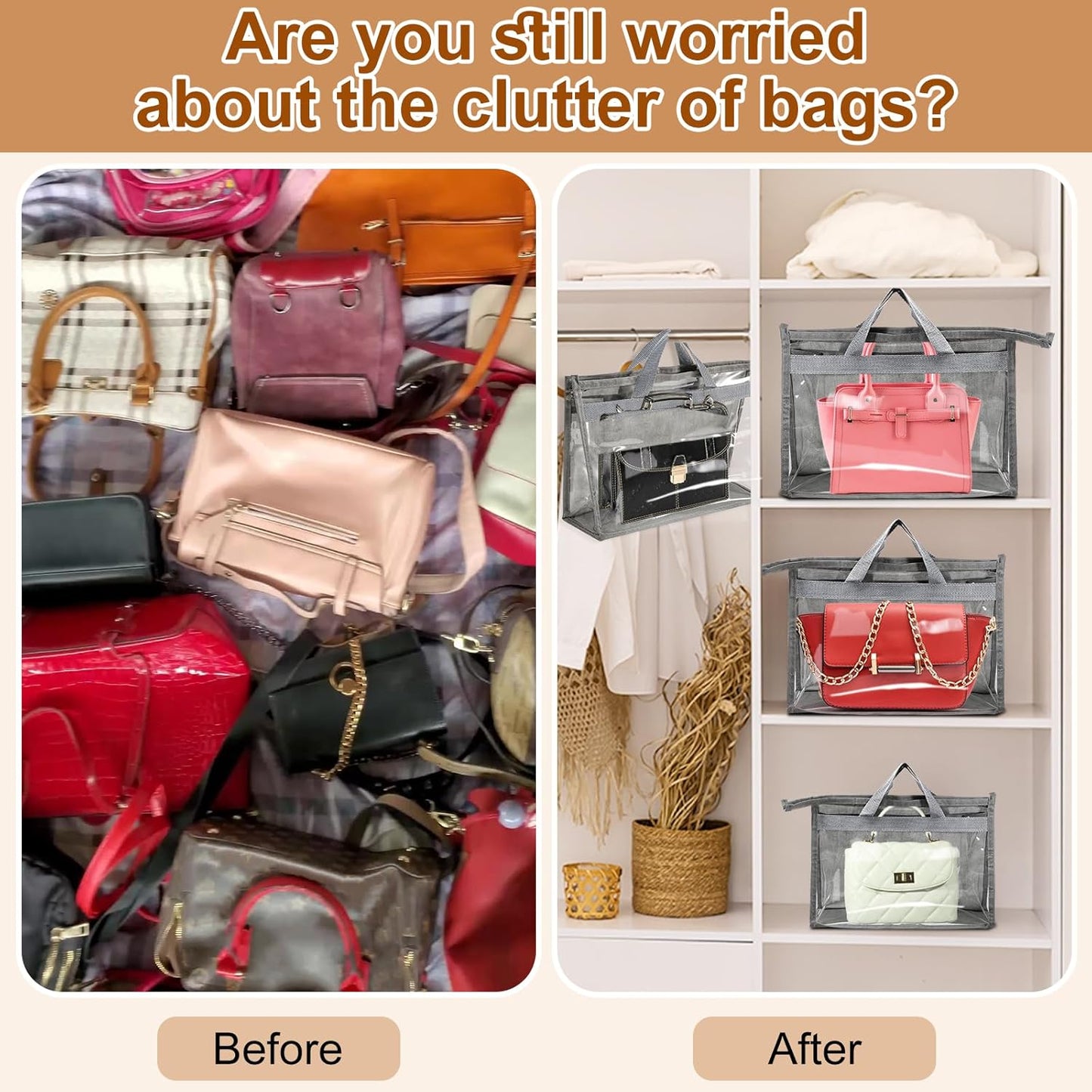 10 Pcs Dust Bags for Handbags,Clear Handbag Storage Organizer,Purse Storage Organizer for Closet,Purse Protector Storage Bag with Zipper Handle and Hooks (Grey)