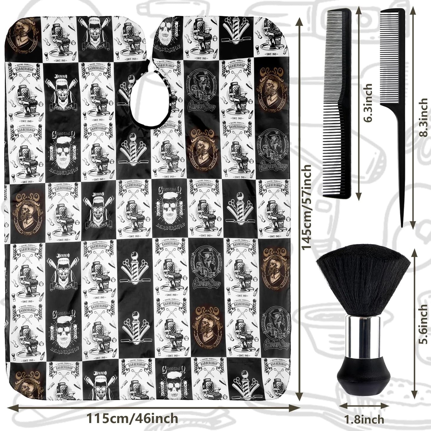 FEBSNOW Hair Cutting Cape Kit,Professional Barber Cape with Neck Duster Brush for Adults Waterproof Salon Cape with Adjustable Closure Snap Salon Barber Supplies 47x55 Inches(Black and White Plaid)