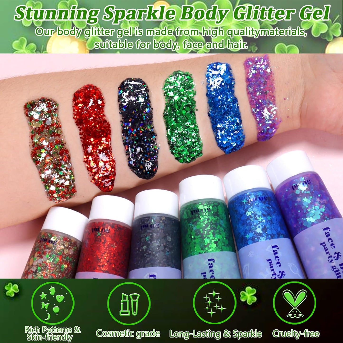 Boko 50ML Body Glitter Gel, Green St. Patrick's Day Chunky Glitter Gel for Face Hair Body Sparkle Makeup, Mermaid Face Glitter Sequins for St. Patrick's Day Concert Party Rave Accessories