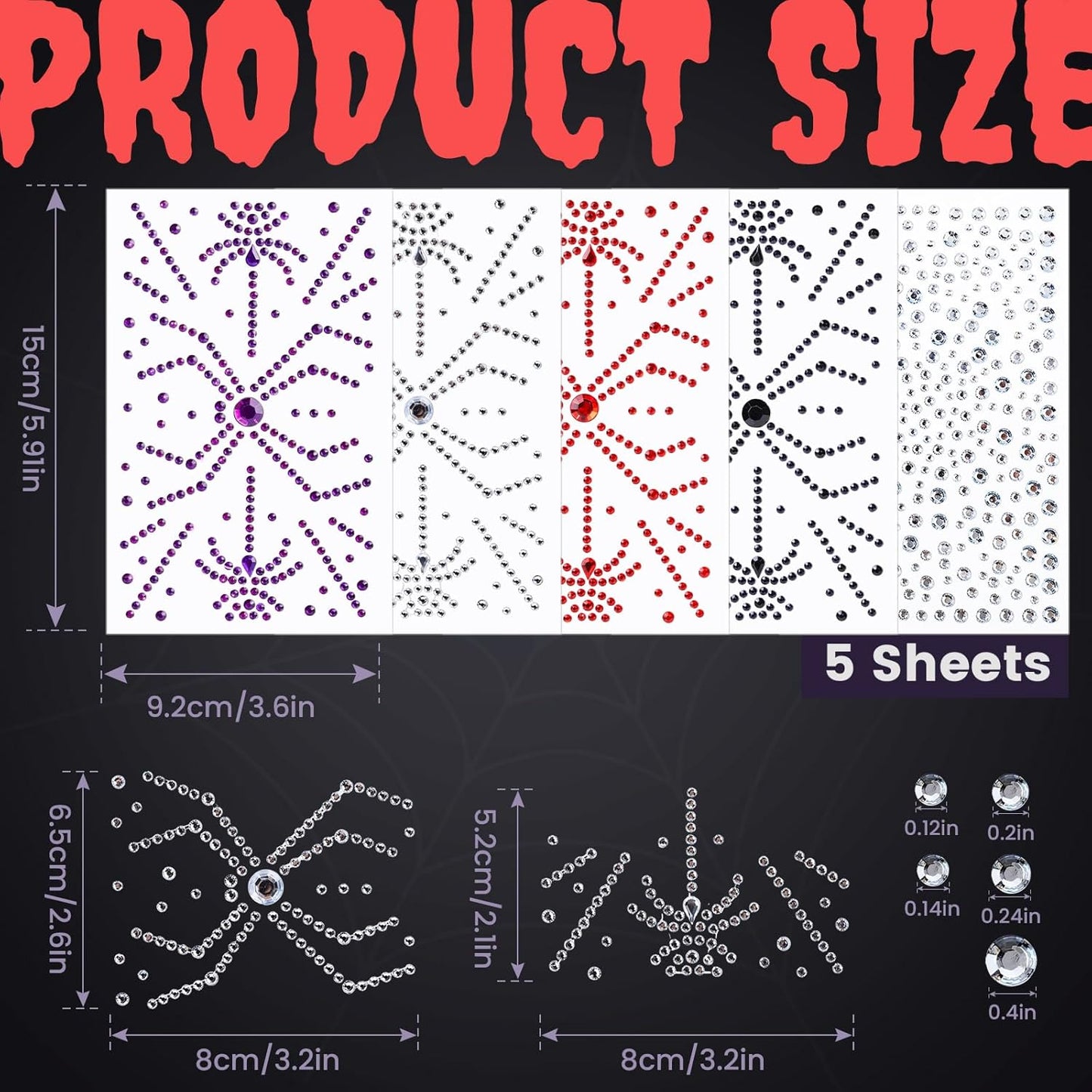 YGDZ Face Gems for Women, Halloween Face Jewels Stickers, 4 Color (Red, Black, Purple, Silver) Spider Web Rhinestones for Face Makeup, Rave Accessories