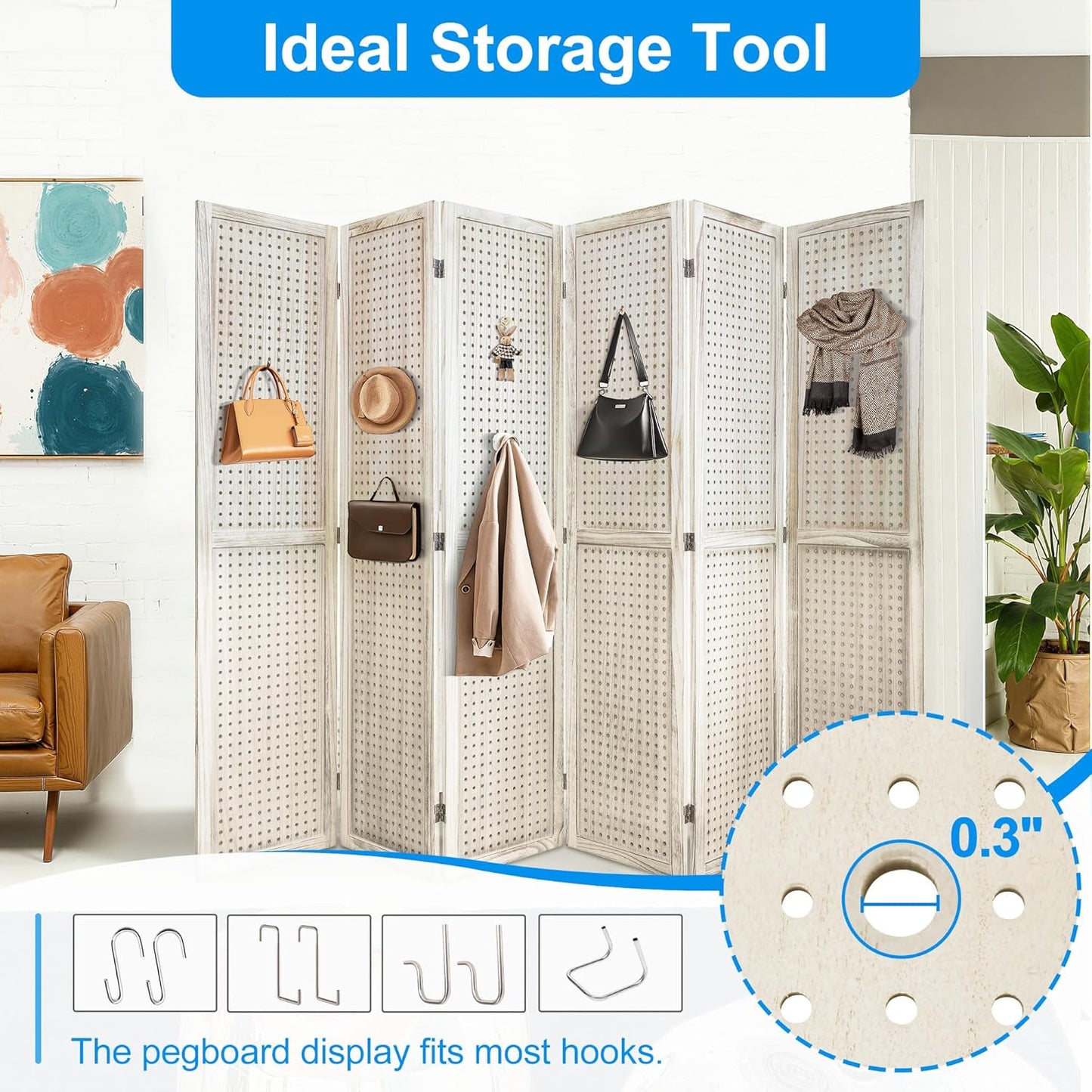 6 Panel Room Divider with Pegboard Display 5.6FT Wood PegBoard Room Dividers, Folding Privacy Screens Portable Freestanding Partition Wall Divider for Art Shows & Room Separation, Natural Wood