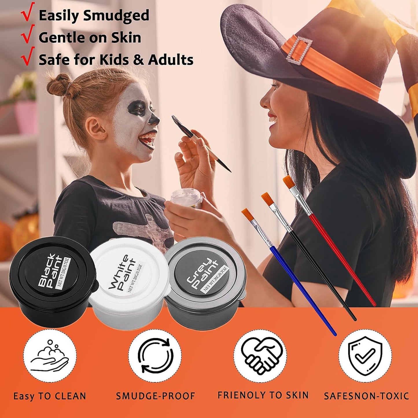 White Black Grey Face Body Paint for Halloween Makeup, Face Paint Kit with Brushes, Non-Irritating, for Adults & Kids, Full-Coverage SFX Makeup Kit for Clown, Zombie, Skeleton, Mime, Cosplay