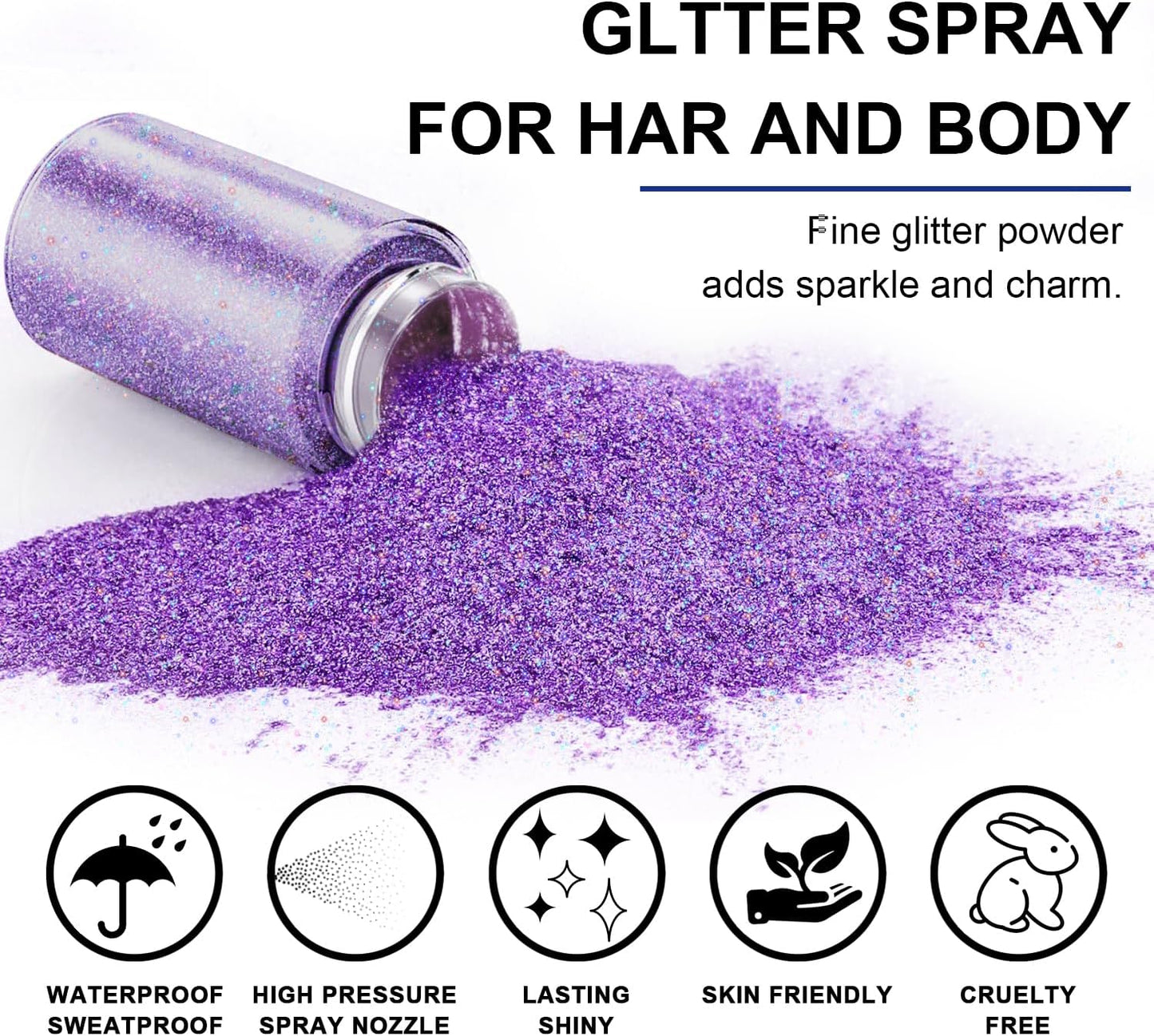 Hair and Body Glitter Spray, 1PC Sparkling Purple Hair Glitter Extra Fine Face Shimmer Powder for Clothes, Festival Loose Sparkle Powder for Rave Clothes Nail Art Easter Halloween Crafts (Purple)