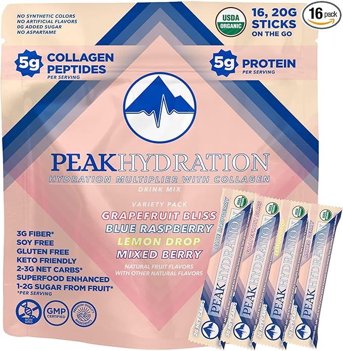 USDA Organic Electrolyte with Collagen Drink Mix, 3G Fiber, 5G Protein,18 Amino Acids, Prebiotic, Probiotic, Antioxidant, Superfood, Keto, 2g Sugar from Fruit