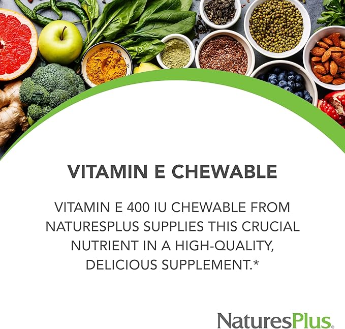 NaturesPlus Vitamin E Chewable - 400 iu, 90 Vegetarian Tablets - Natural Carob Flavor - Healthy Cardiovascular Function, Free-Radical Defense & Overall Wellbeing - Gluten-Free - 90 Servings