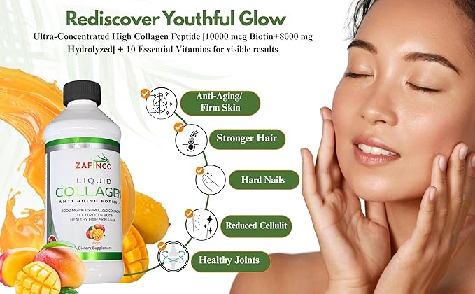 Liquid Collagen Peptides for Women & Men-Mango Flavored 10000 mcg Biotin+8000 mg Hydrolyzed,Sugar Free Premium Juice for Anti-Aging,Skin,Hair,Nails & Joints -16 Fl oz-Made in USA