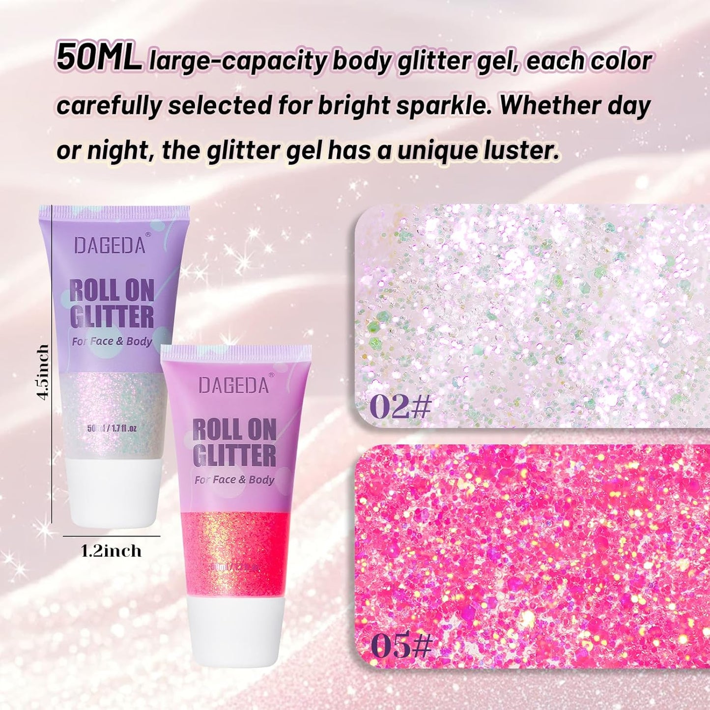 DAGEDA 2 Colors Roll-on Body Glitter, Eye Face Glitter Gel for Festival Outfit Mermaid Accessories,Holographic Color Body Shimmer Makeup Rave Outfits Accessories for Women(02+05)