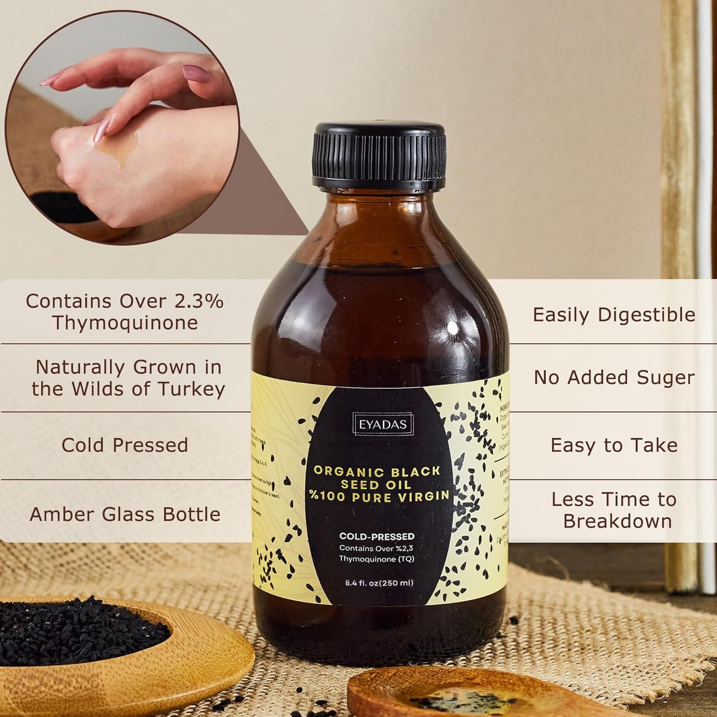 Organic Black Seed Oil 8.4 Fl Oz – 100% Turkish Cold-Pressed Nigella Sativa with 3X Thymoquinone – Pure Cumin Extract in Amber Glass Bottle for Immune, Hair, Skin & Overall Wellness