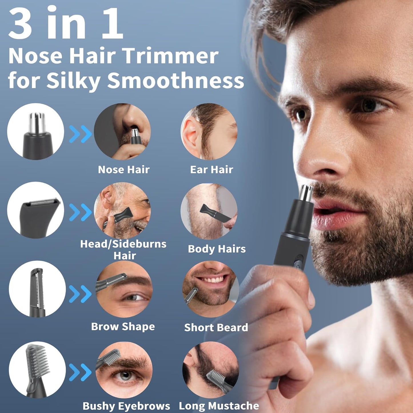 Nose Hair Trimmer for Men and Women, Painless 3 in 1 Men's Ear and Nose Hair Trimmers, 2025 USB-C Rechargeable Facial & Body Detail Hair Trimmer Clipper with High Speed and Dual-Edge Blades