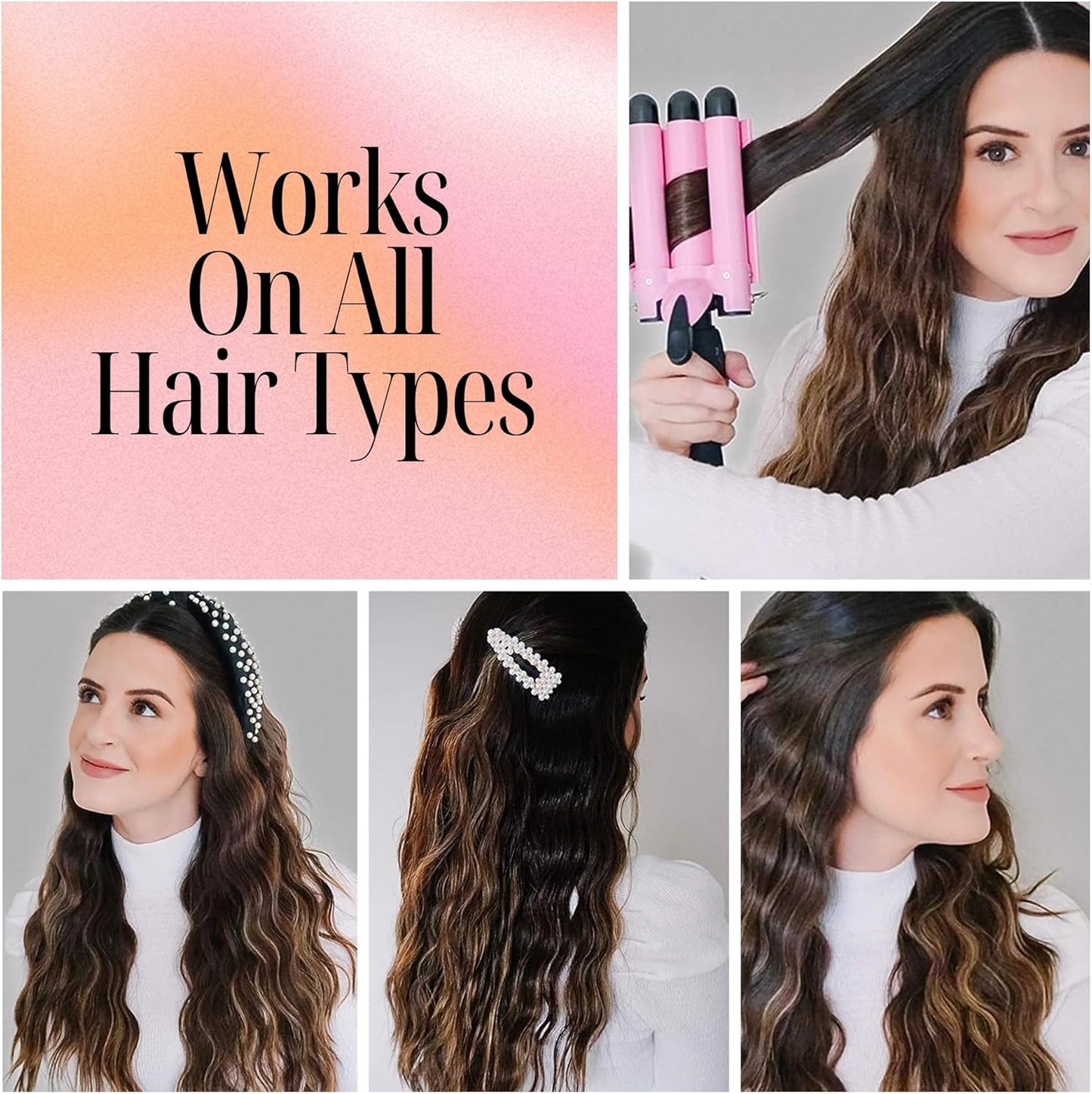 Alure Three Barrel Curling Iron Wand Hair Waver with LCD Temperature Display - 1 Inch Ceramic Tourmaline Triple Barrels, Dual Voltage Crimp