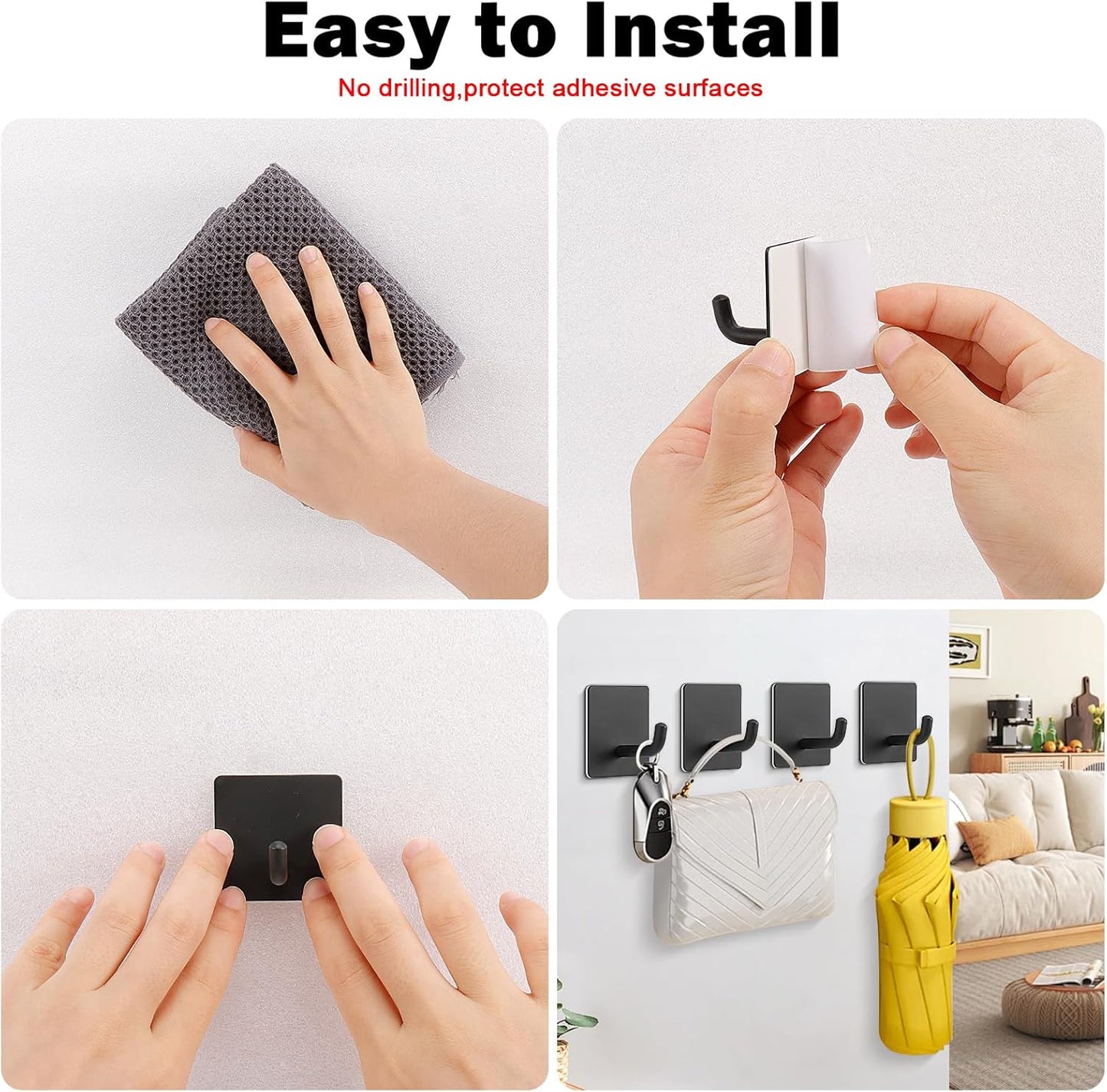 Livabber Adhesive Towel Hooks, 304 Stainless Steel Self Sticky Wall Hooks Waterproof Shower Hooks for Robe/Clothes, No Drilling Towel Hangers for Bathroom Kitchen Bedroom (Black, 10 Packs)