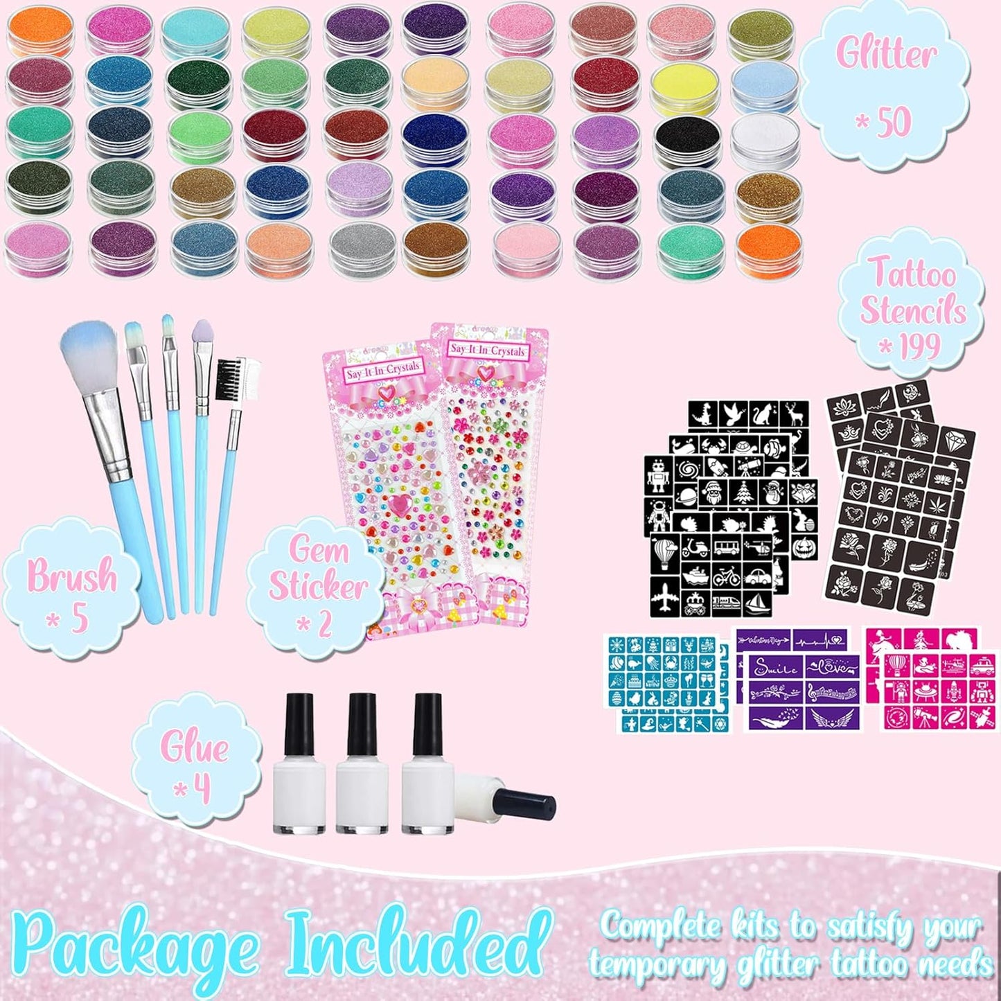 TEUVO Glitter Tattoo Kit for Kids, 50 Glitter Colors, 199 Stencils, 2 Gem Stickers, 4 Glue, 5 Brushes Body Face Arts Glitter Makeup Temporary Tattoos for Girls Halloween Christmas Birthday Party Gifts