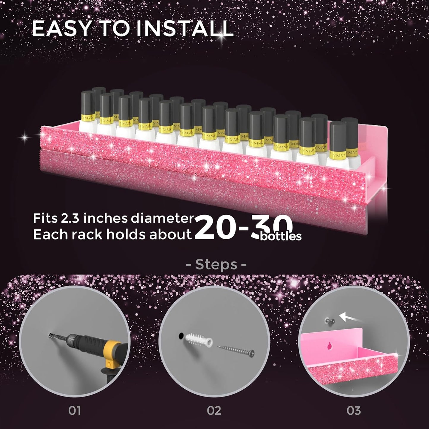 Care&More YJ 4 Pack 15 Inch Nail Polish Organizer，Diamond Crystal Rhinestone Acrylic Nail Polish Organizer，Sunglasses Essential Oil Picture Display Storage Pink