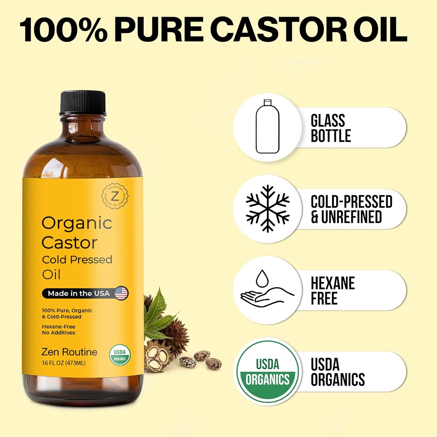Zen Routine Organic Castor Oil (32oz Big Glass Bottle) Hexane Free – Hair Growth Oil, Eye Lashes & Stomach – Pure 100% Cold Pressed Unrefined Oil for Castor Pack – USDA Certified, Made in the USA