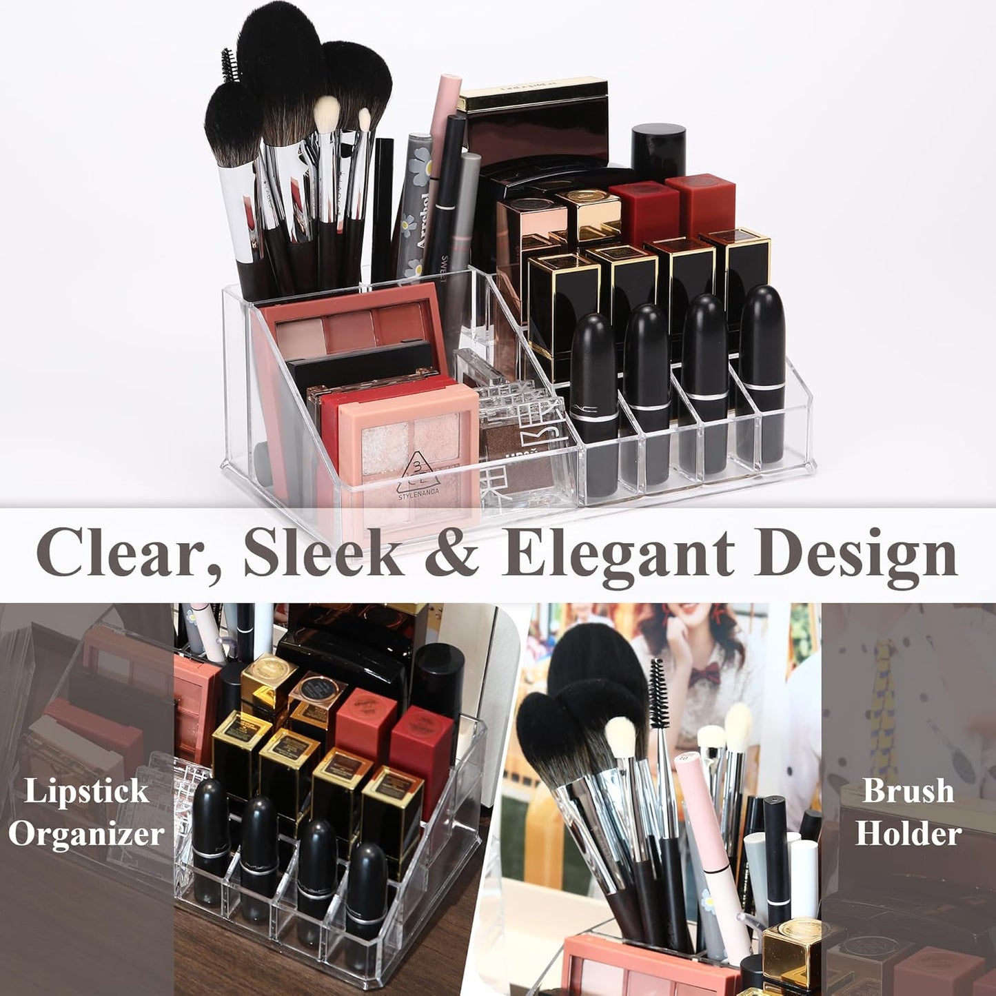 Sea Team 16-Slot Acrylic Plastic Lipstick Organizer, Clear Lipstick Holder, Makeup Storage Box, Cosmetic Display Case for Lippie, Lip Gloss, Eye Liner, Eyebrow Pencil, Nail Polish, Essence, Brush