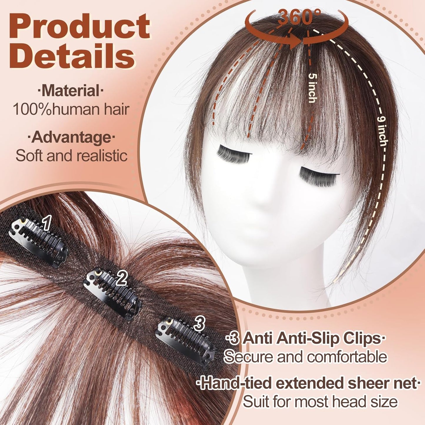 HAIRCUBE Real Human Hair Bangs Clip in Hair Extensions - Air Bangs Hairpieces for Women with Temples, 3 Secure Clips, Full Fringe, Dark Brown