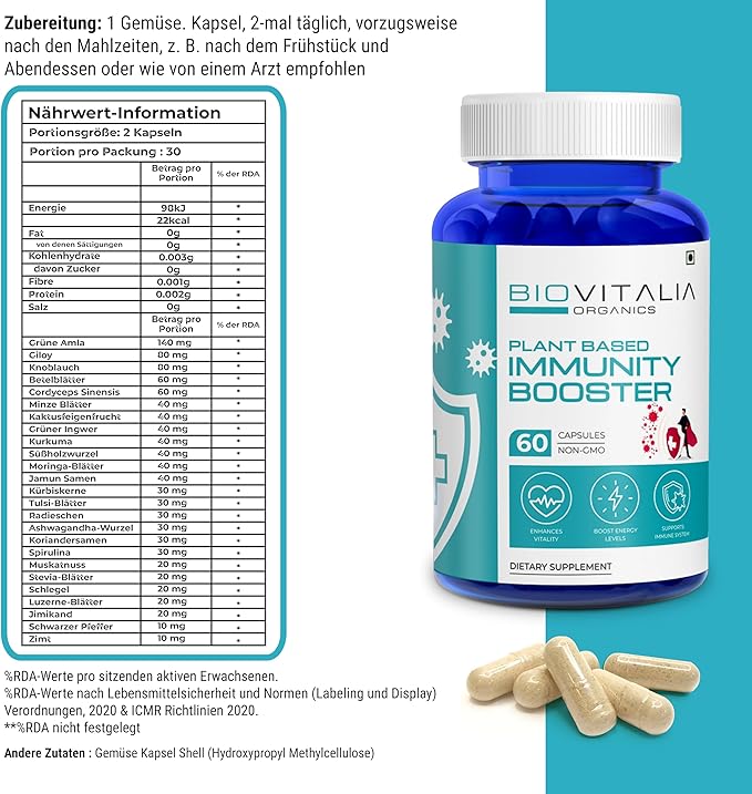 BIOVITALIA Immunity Booster for Adult Men & Women Plant Based Natural Dietary Supplement Capsule Helps Boost Immune System & Support Healthy Heart Function - 60 Capsule