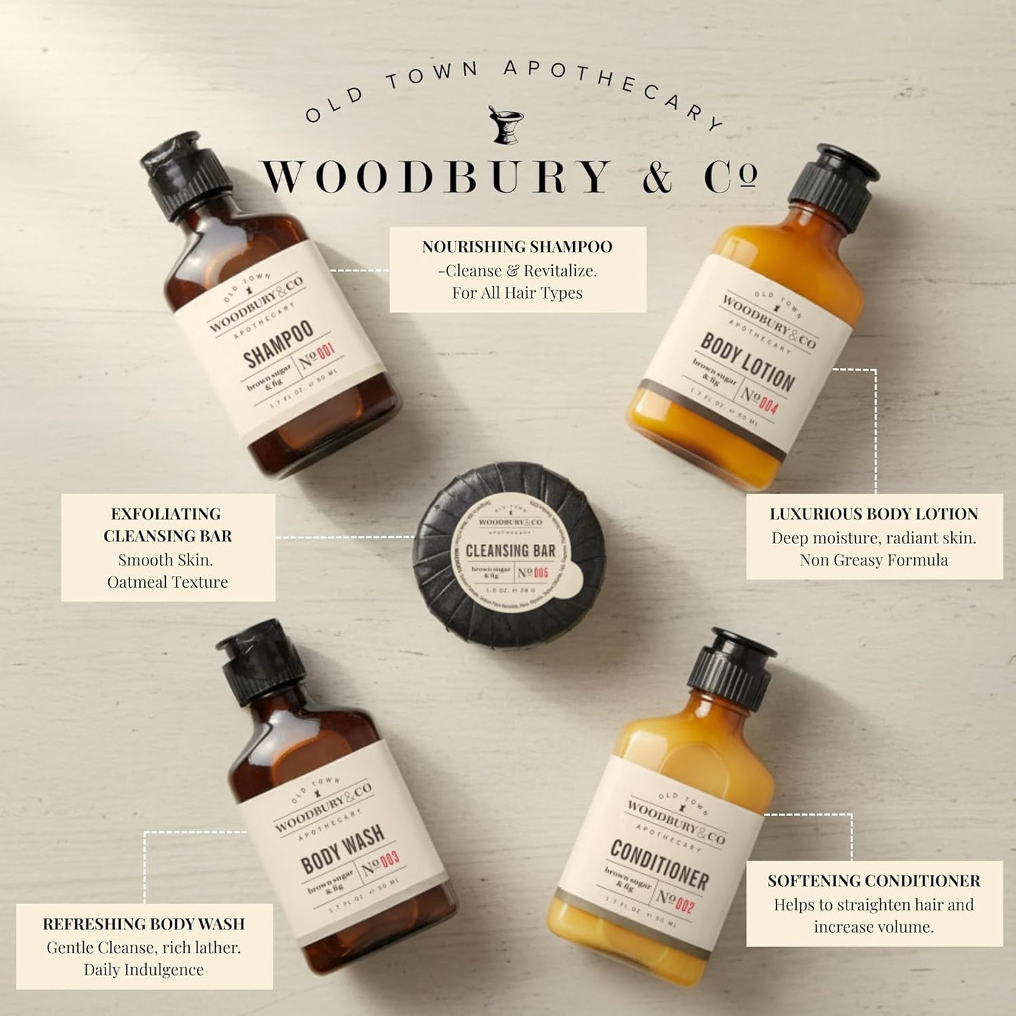 WOODBURY & CO Travel Size Shampoo Conditioner Body Wash Lotion & Soap (150 PK, 1.7 oz each), Guest Bathroom Essentials Toiletries Airbnb Bulk Mini Sets Hygiene Kits Paraben Free Air Bnb Toiletry