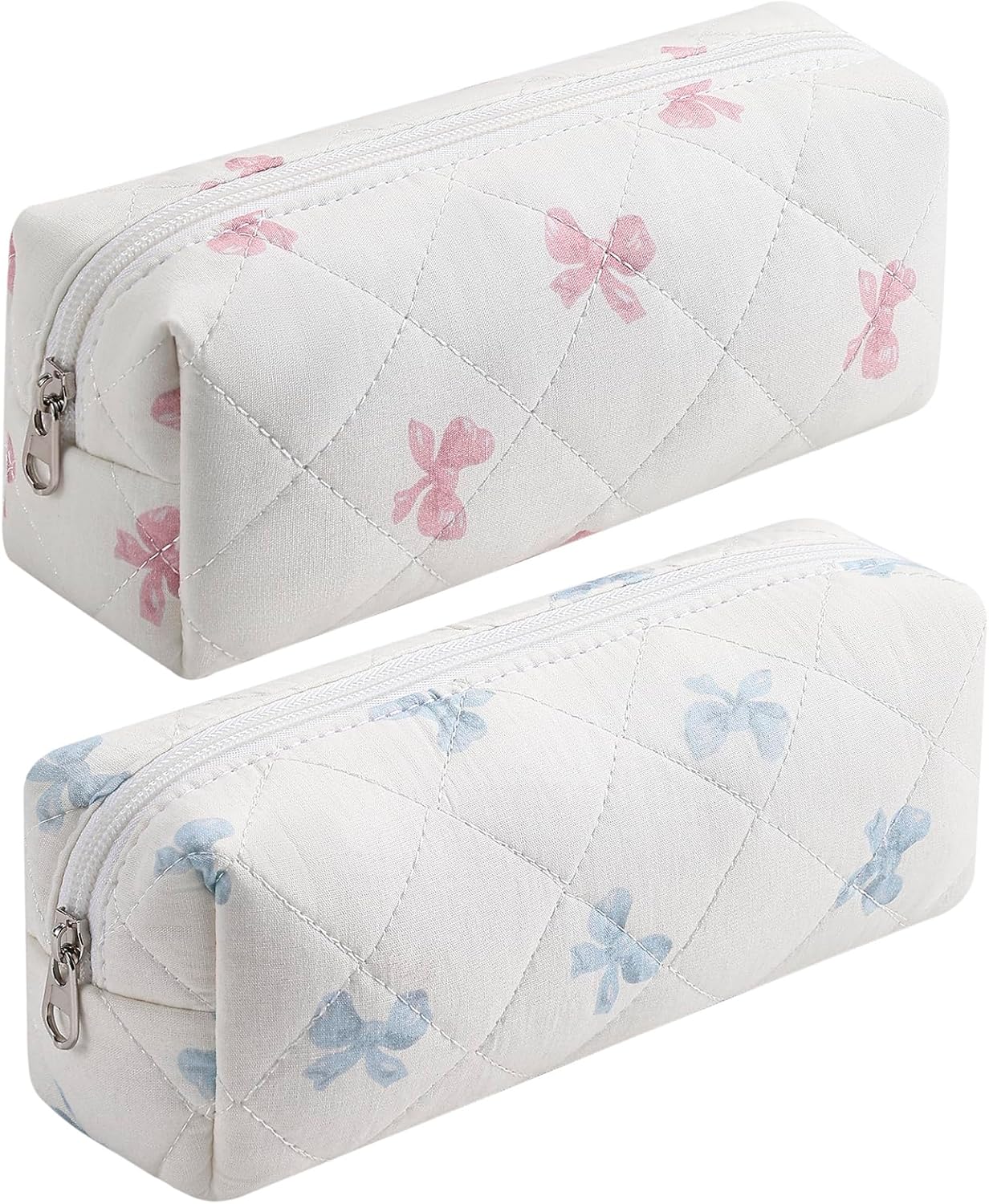 Cute Floral Cotton Makeup Brush Cosmetic Bag for Women, Travel Quilted Zipper Make Up Bag, Flowers Toiletry Organizer Case Kawaii Makeup Cosmetic Travel Cloth Pouch (Pink Bow Tie+Blue Bow Tie)