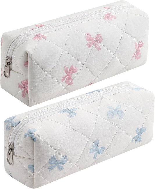 Cute Floral Cotton Makeup Brush Cosmetic Bag for Women, Travel Quilted Zipper Make Up Bag, Flowers Toiletry Organizer Case Kawaii Makeup Cosmetic Travel Cloth Pouch (Pink Bow Tie+Blue Bow Tie)