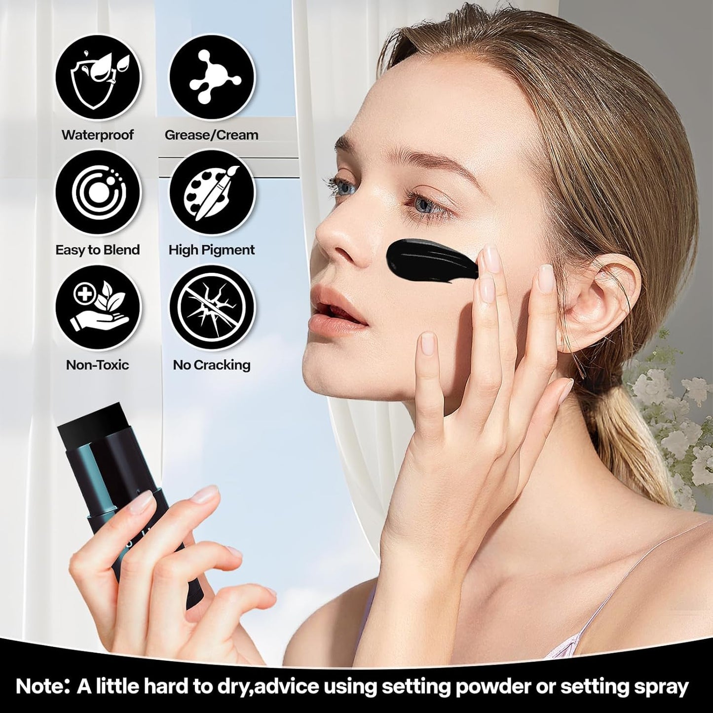 Go Ho Cream-Blendable Black Face Paint Stick (1.06 oz),Full-coverage Face Body Paint for Adult Children Halloween Cosplay Skull Zombie Vampire Skeleton SFX Makeup,Waterproof Eye Black Stick
