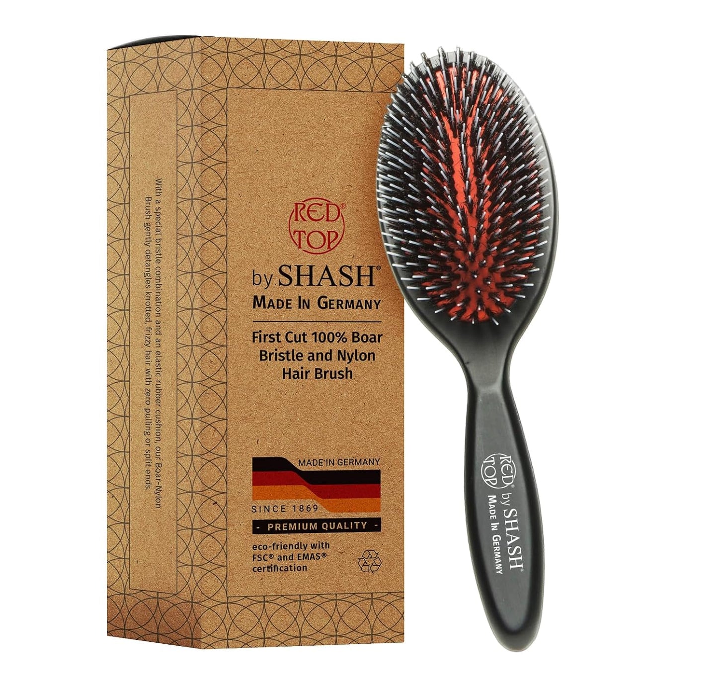 SHASH Since 1869 Hand Made In Germany - Nylon, 100% First Cut Boar Bristle Brush Suitable For Normal to Thick Hair - Gently Detangles, No Pulling or Split Ends - Softens Improves Texture, (Medium)