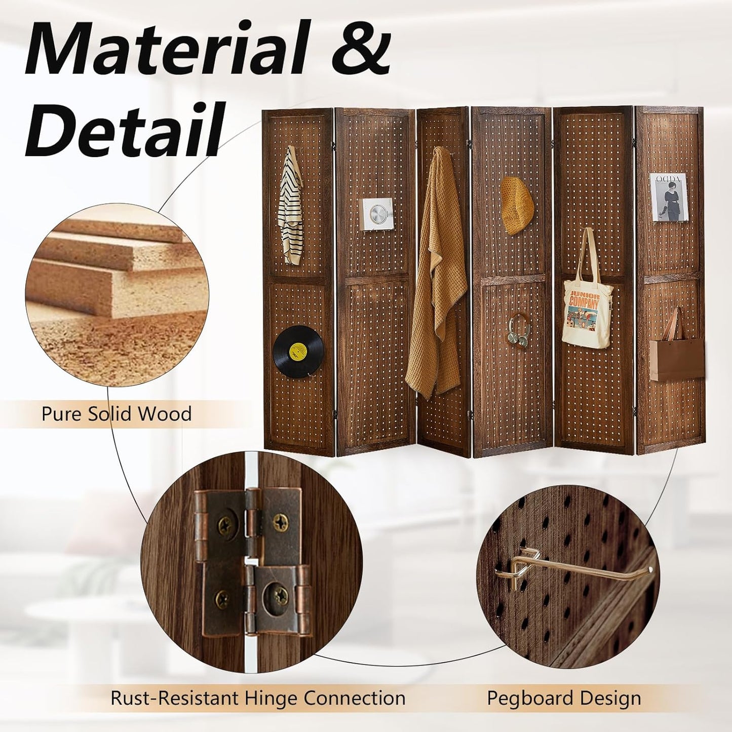 6 Panel Room Dividers and Folding Privacy Screens, Room Partitions and Dividers, Pegboard Display Board with 24 Hooks, Room Divider Panel for Bedroom, Jewelry Display Stand, Dark Brown