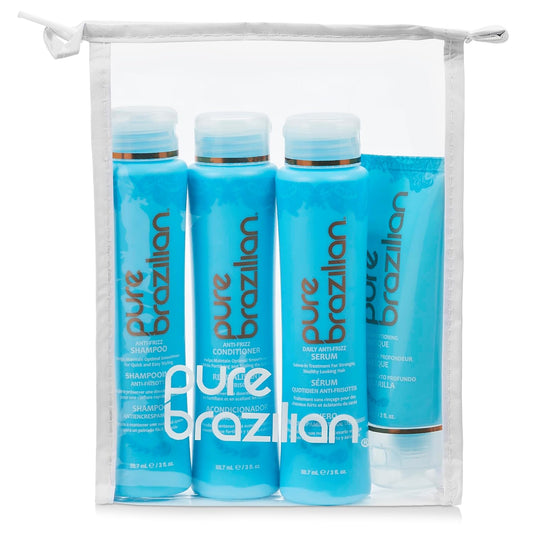 Pure Brazilian 4-Piece Essential Travel Size Kit: Anti-Frizz Shampoo, Conditioner, Serum & Masque