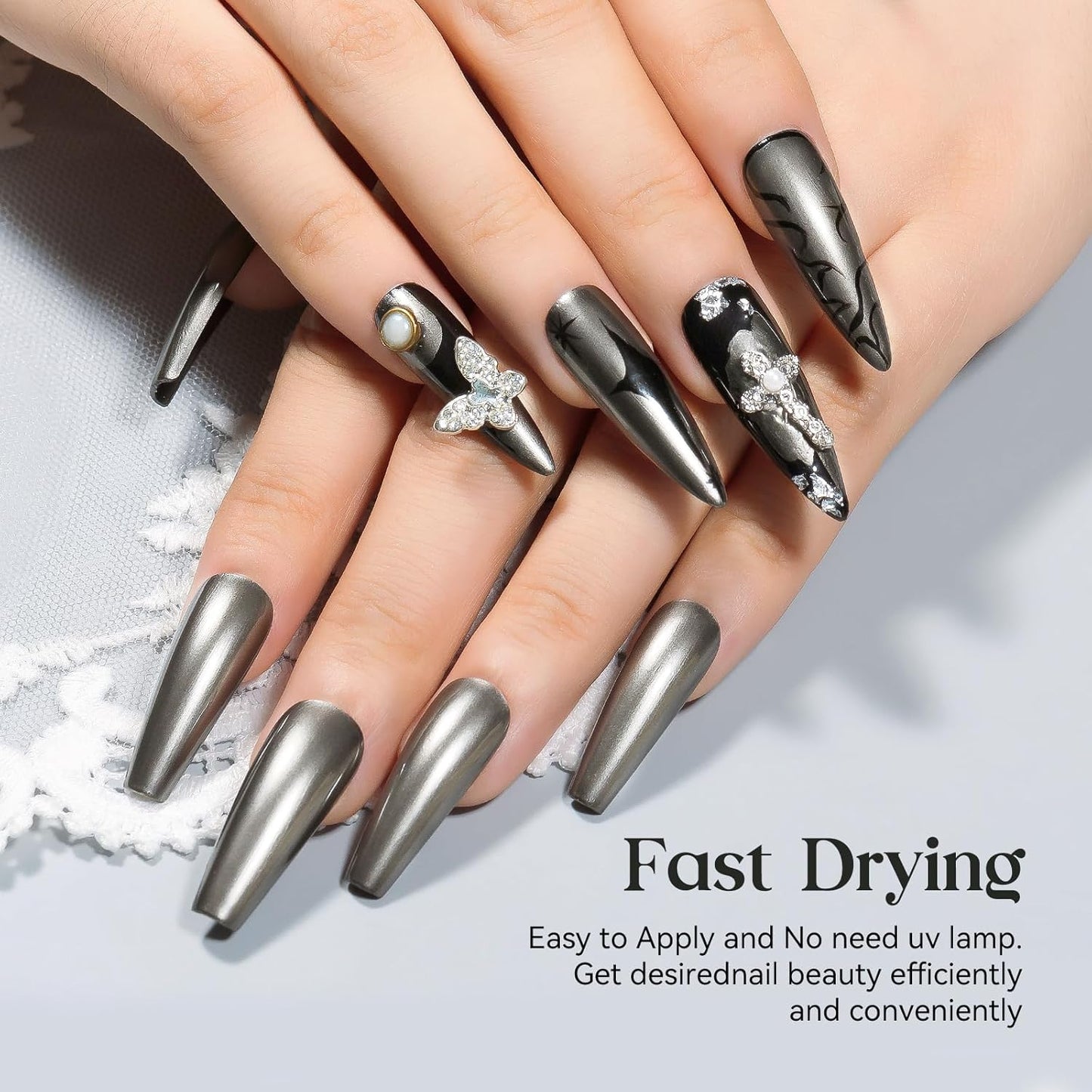 MIZHSE Dark Grey Mirror Nail Polish, Quick Dry Metallic Nail Polish, Air Dry Fast Chrome Nail Lacquer Black Oil-based Nail Art Manicure DIY Home