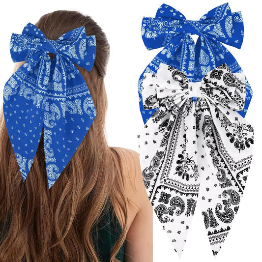 ANBALA 2Pcs Bandana Hair Bows for Women Girls White Blue Silky Satin Large Bow Hair Clips Styling Aesthetic Accessories