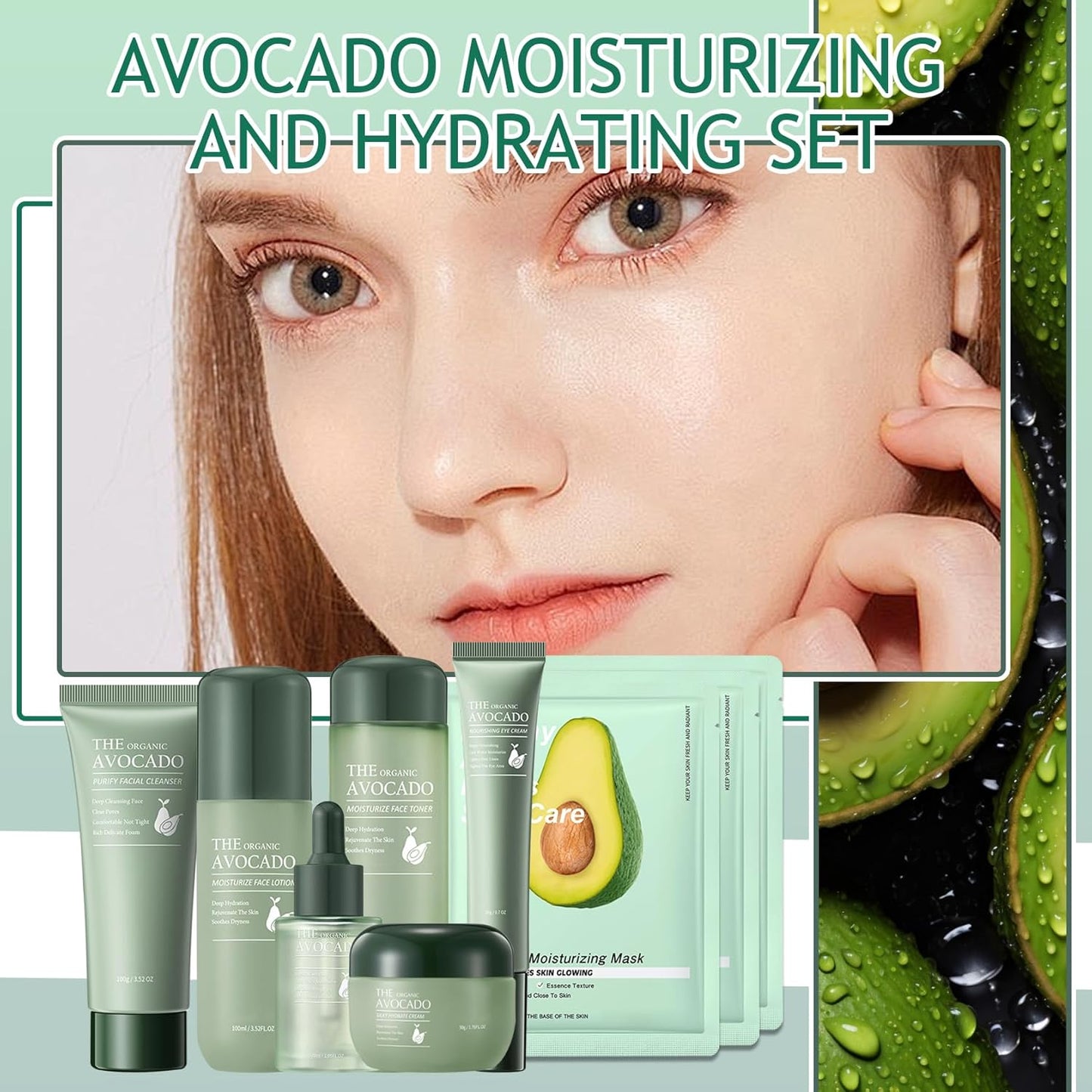 Avocado Skin Care Set,Facial Kit with Facial Cleanser,Toner,Eye Cream,Face Serum,Facial Serum,Face Cream,Lotion & 3PCS Face Mask,Travel Skincare Kit for Women (9PCS)
