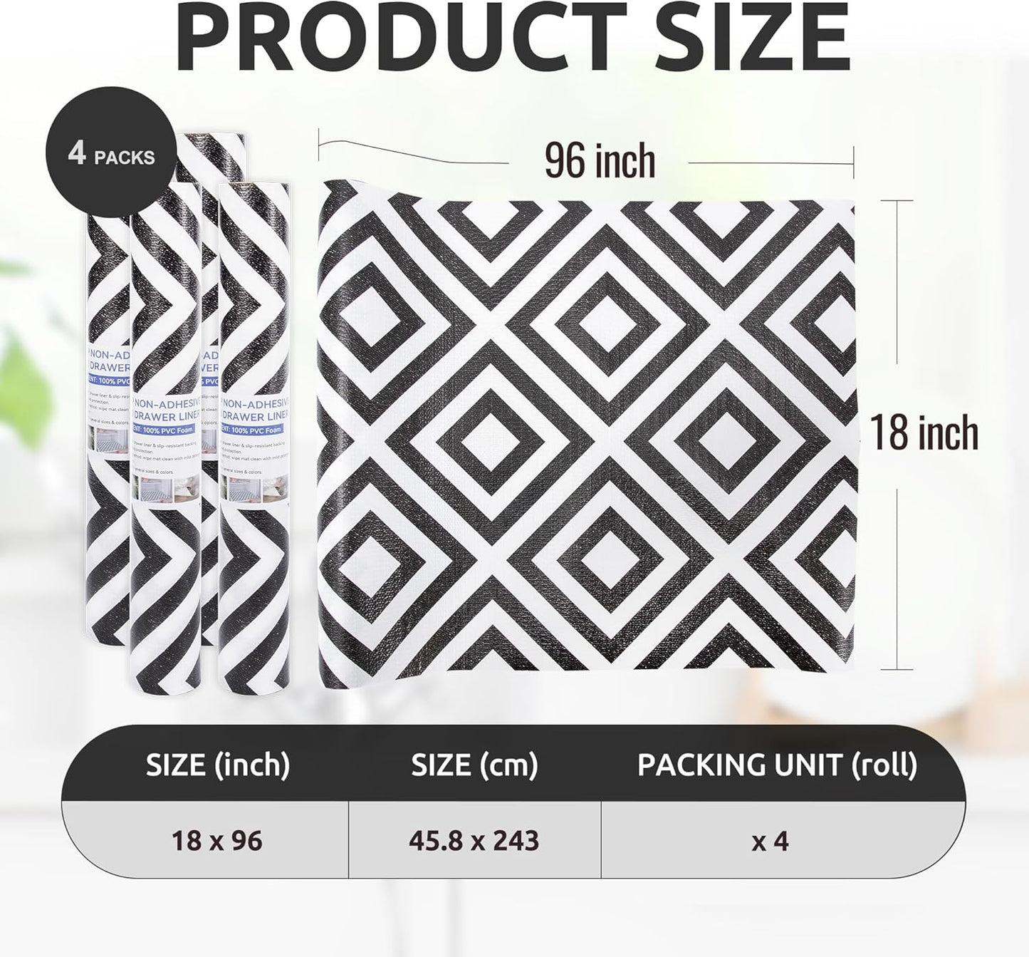 RAY STAR 18X96 Inch Shelf Liner for Kitchen Cabinets, Non-Adhesive Cabinet Liner Washable, PVC Drawer Liner for Dresser Non-Slip Bathroom (Modern Black)(4 Roll)