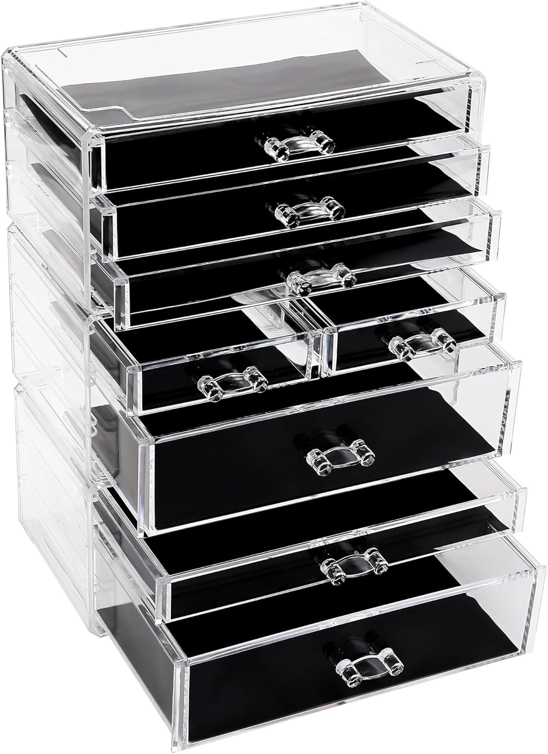 Sea Team 3-Tier Stackable Clear Makeup Organizer with Drawers, Acrylic Plastic Cosmetic Display Case, Jewelry Storage Box, Holder for Dresser, Bathroom, Vanity, Countertop (8 Drawers)